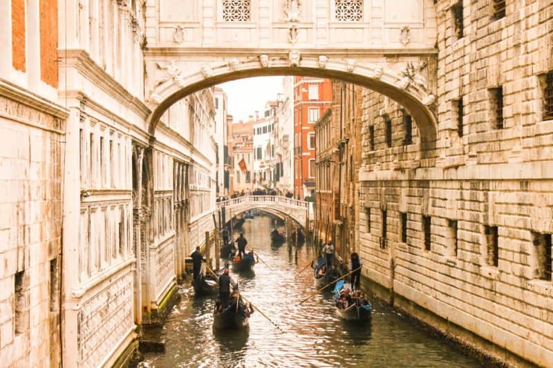 Travelling by gondola along the canals in Venice