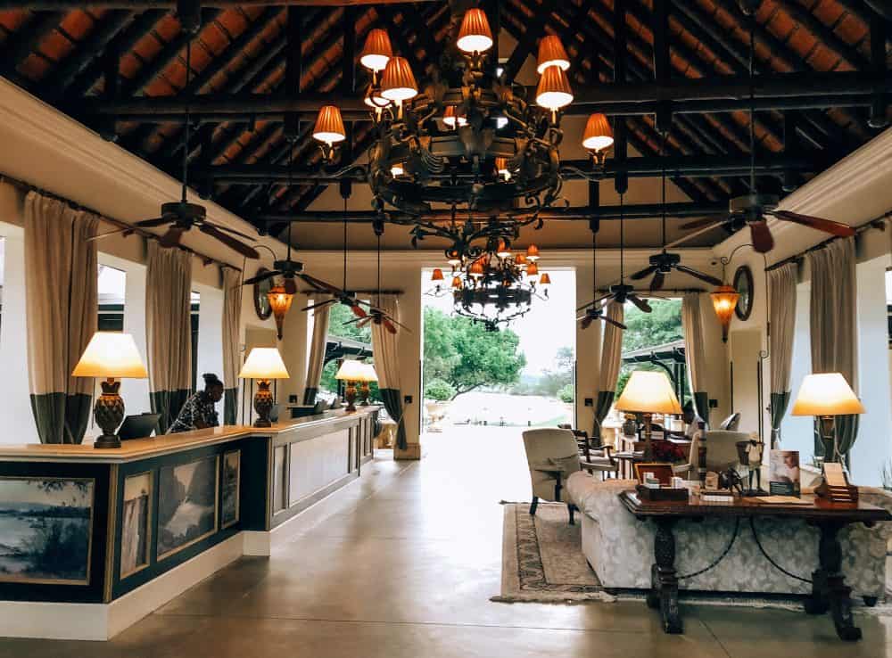 The magnificent lobby at the Royal Livingstone Hotel in Zambia