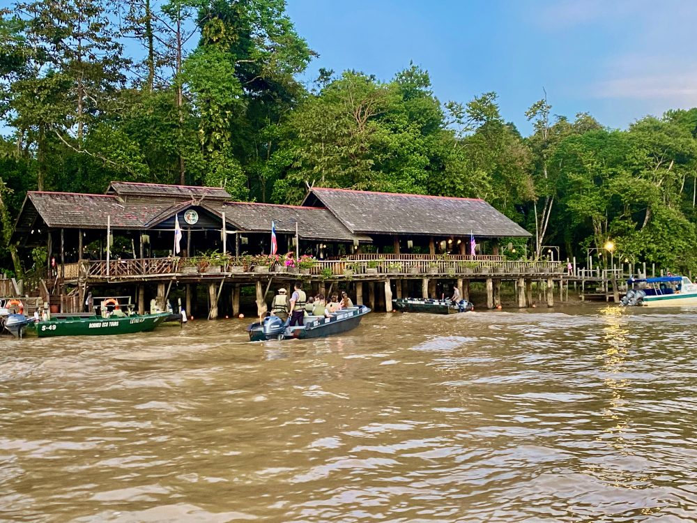 Sukau Lodge from the river, a great location to see orangutans in Borneo