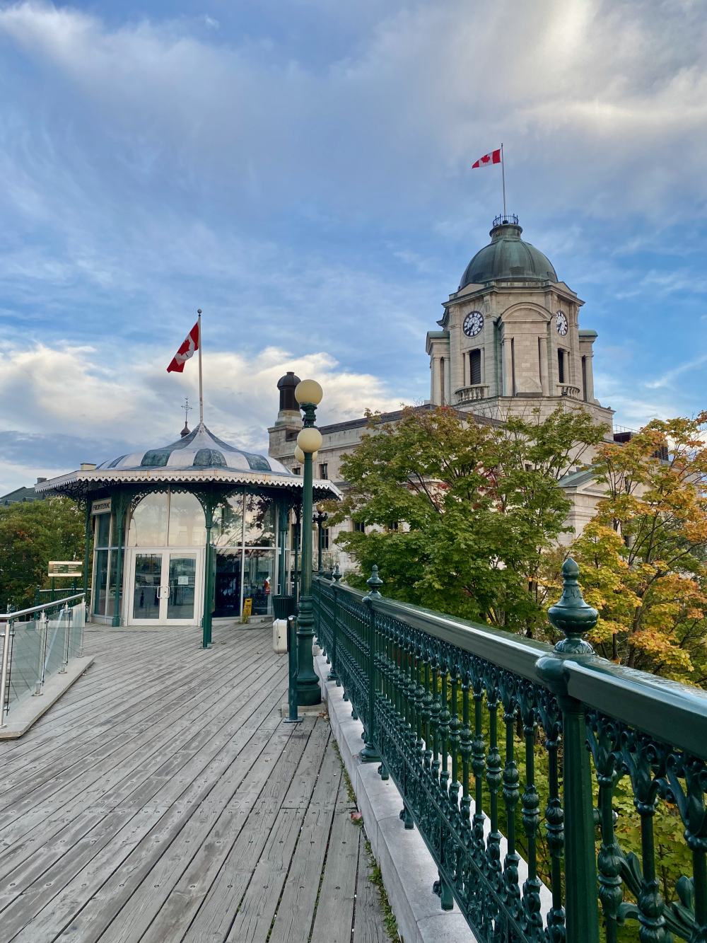 Dufferin Terrace, a wide, wooden boardwalk wrapping around the front of the Château Frontenac