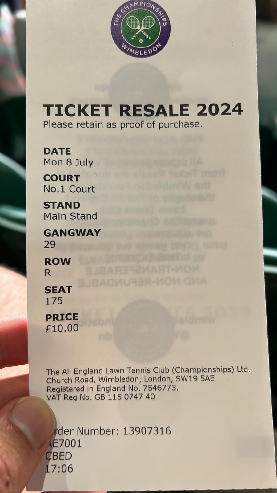 Our ticket resale stub at Wimbledon