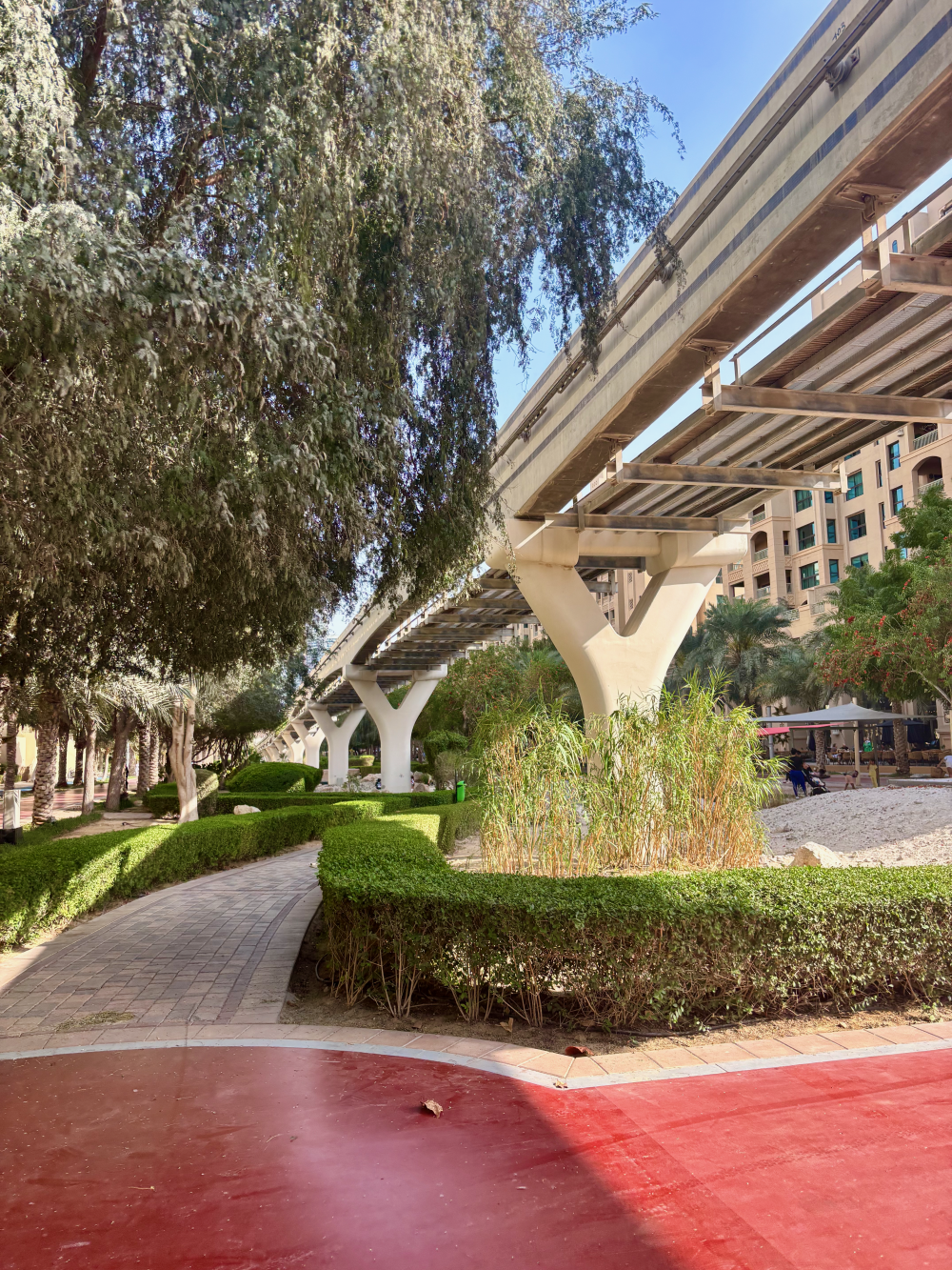 The Palm Monorail tracks running above Al Ittihad Park on Palm Jumeirah