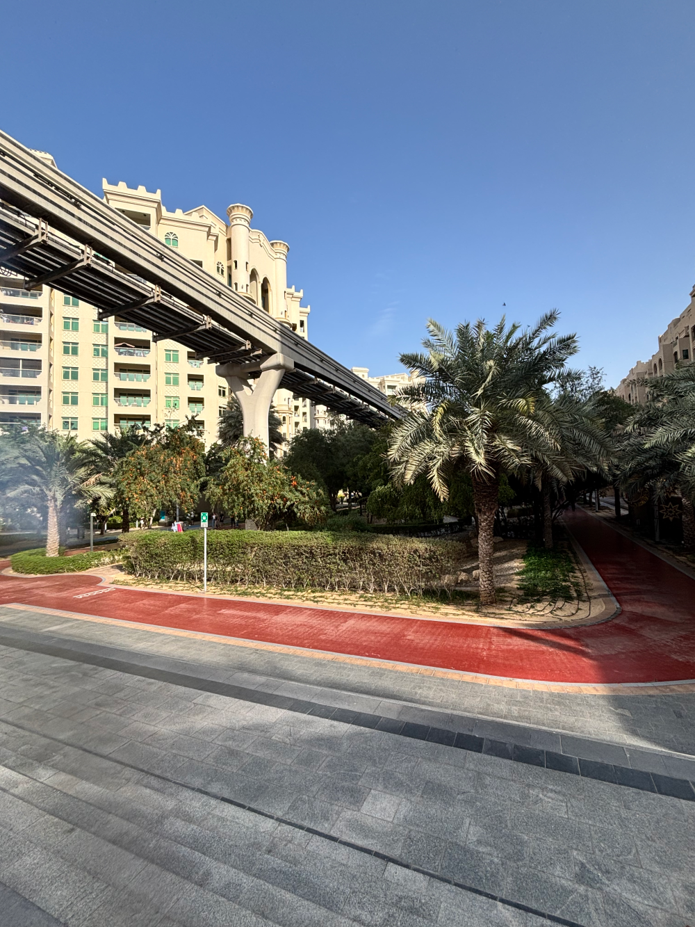 The Palm Monorail tracks running above Al Ittihad Park on Palm Jumeirah