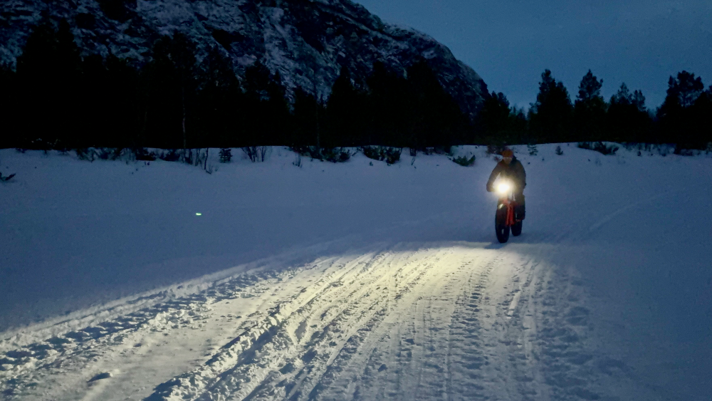 Fatbiking in twilight on our Winter Arctic Adventure
