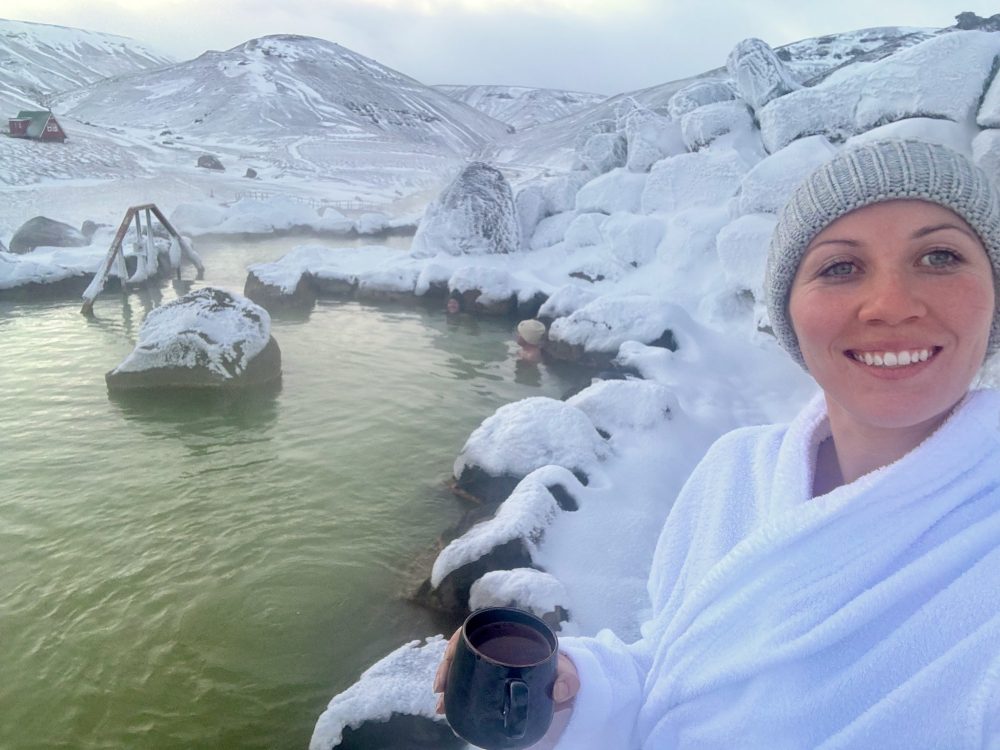 Enjoying a relaxing soak in the Highland Baths in the snow