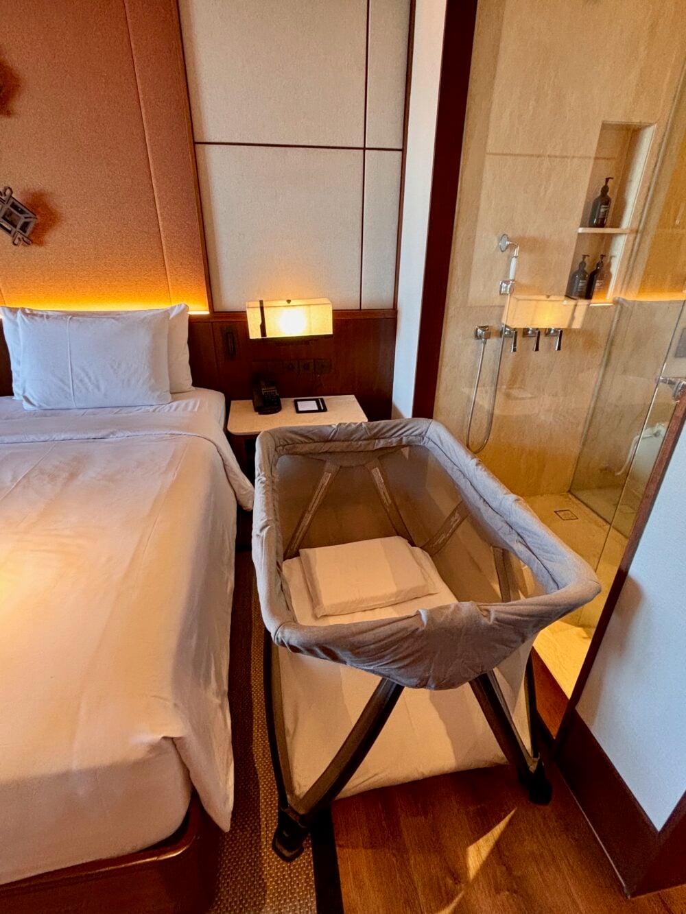 our hotel room at Bali Beach Hotel with baby amenities