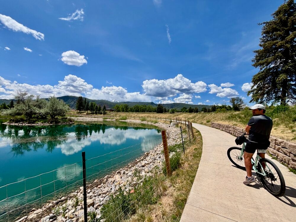 Cycling around the beautiful lake by our hotel in Basalt